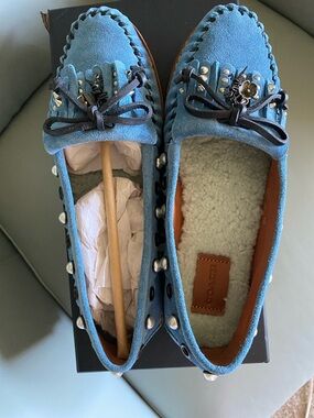 Coach Blue Suede Studded Pearl Trim Loafers